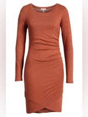 LEITH Ruched Long Sleeve Bodycon Dress Brown Spice - Medium